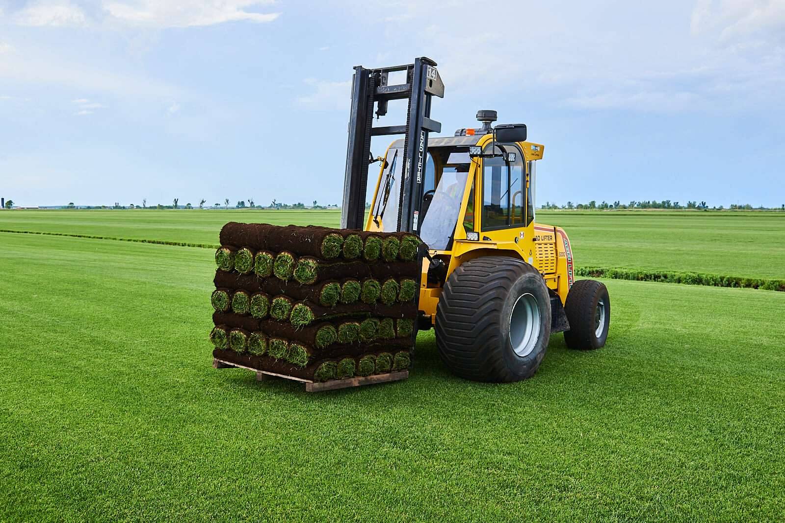 Pallet of fresh cut sod rolls being loaded in the field